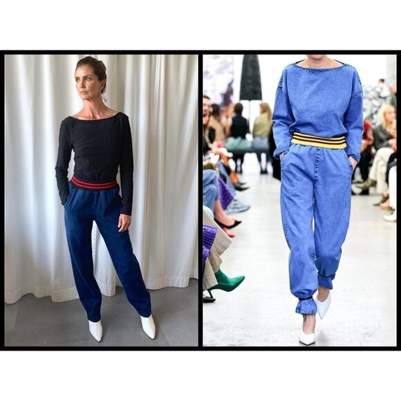 💕RACHEL COMEY💕 Doxa Pant Striped Elastic Waist Acid Wash Denim Navy Large NWT - Picture 1 of 16